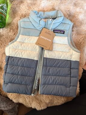 Patagonia Kids Colorblock Puffer Vest in Light Blue, Cream & Slate